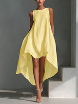 Women's White Sleeveless Midi Dress With Round Neck & Asymmetric Hem