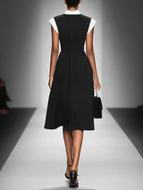 Women's Colorblock Square Neck Cap Shoulder Sleeve Waist Midi Dress