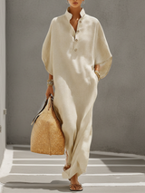 Women's Oatmeal Dress With Mandarin Collar & Dolman Sleeves, Timeless Resort-Casual Style Dress
