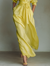 Women's Lemon Yellow Maxi Shirt Dress With Tie Waist & Half Sleeves