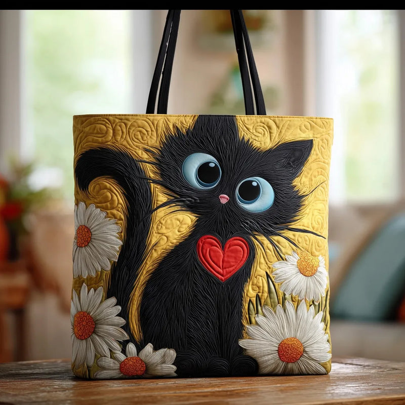 Black Cat Tote Bag with Heart and Daisies