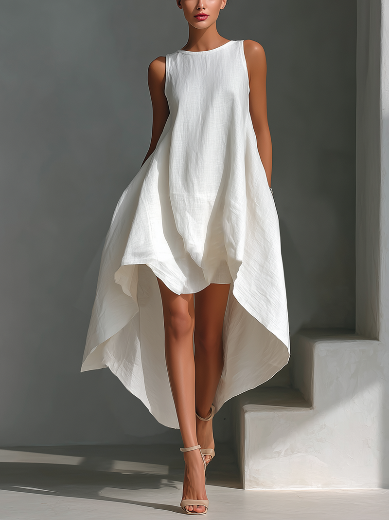 Women's White Sleeveless Midi Dress With Round Neck & Asymmetric Hem