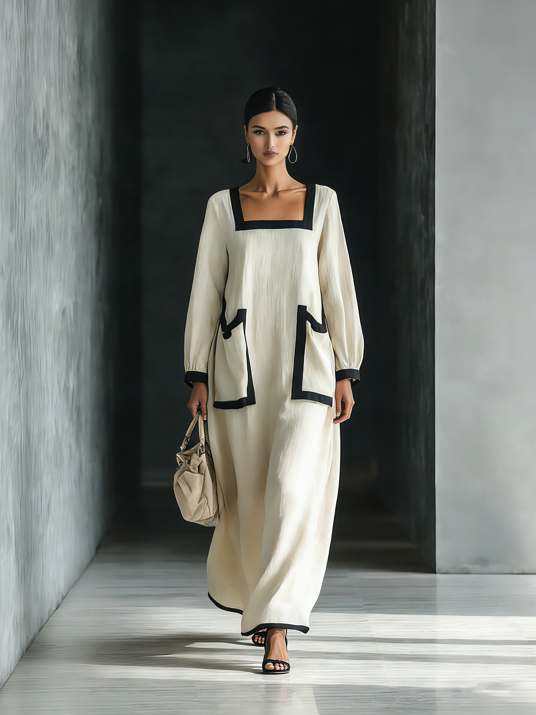 Women's Beige Blend Square-Neck Maxi Dress With Black Trim & Oversized Pockets