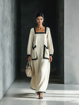 Women's Beige Blend Square-Neck Maxi Dress With Black Trim & Oversized Pockets