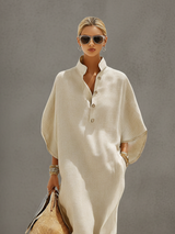 Women's Oatmeal Dress With Mandarin Collar & Dolman Sleeves, Timeless Resort-Casual Style Dress