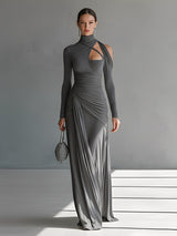 Women's Grey Silky Stretch Sophisticated Ruched Detail Cut-Out Maxi Dress