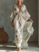 Women's Ivory And Taupe Chiffon Fabric Dolman Sleeve Maxi Dress With Twist Front & Palm Leaf Print