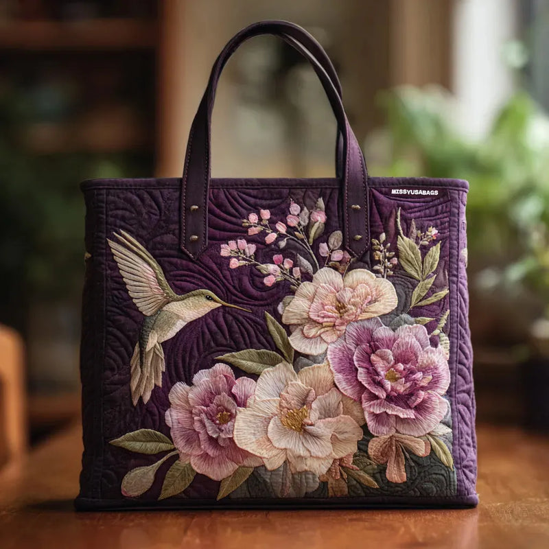 Handcrafted Purple Padded Bag with Hummingbirds and Orchids