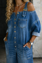 Sophia™ | Combinaison en jean à épaules dénudées