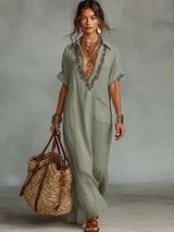 Women's Minimalist Embroidered Short-sleeved Shirt Maxi Dress