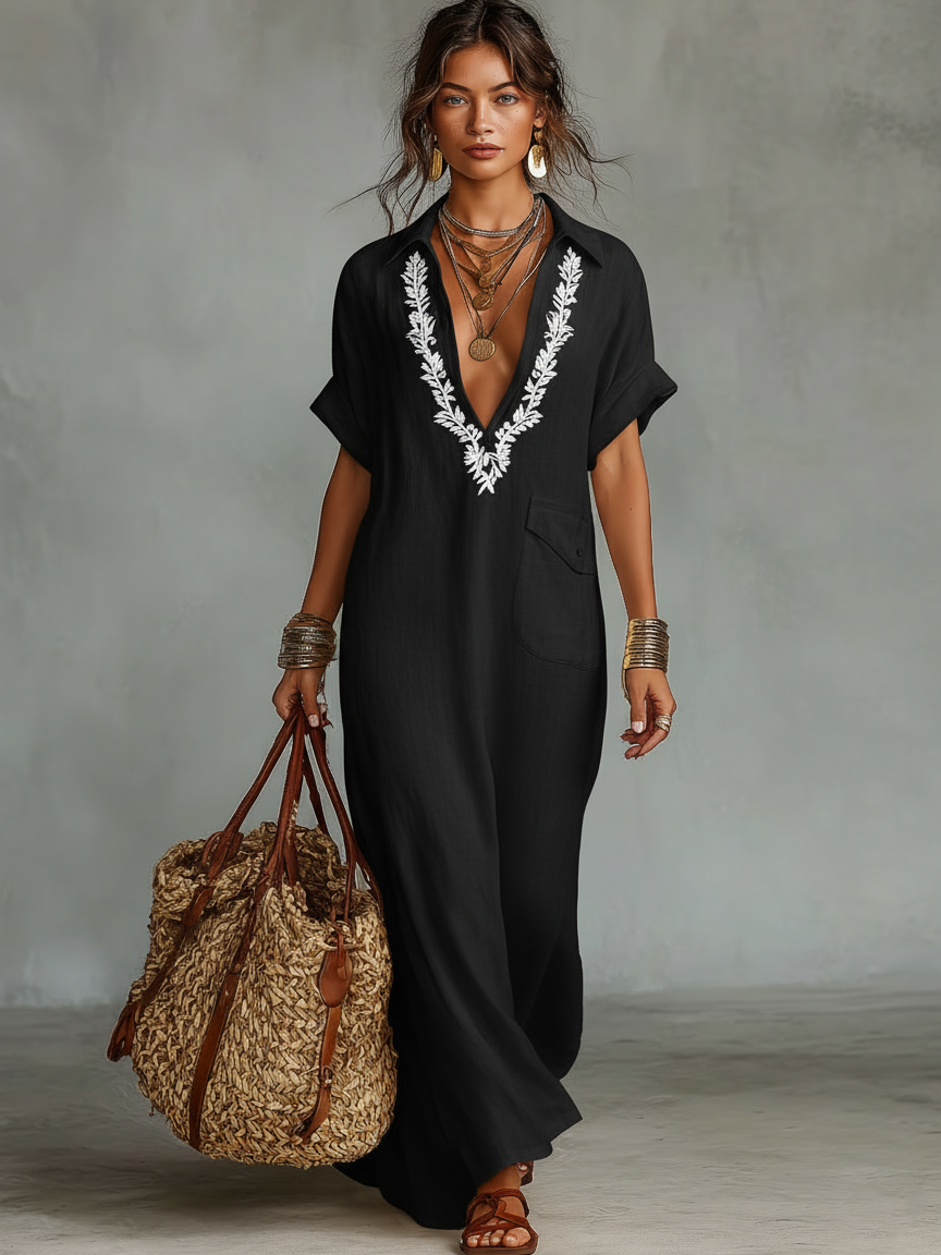 Women's Minimalist Embroidered Short-sleeved Shirt Maxi Dress