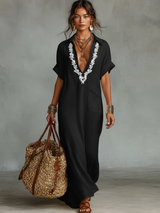 Women's Minimalist Embroidered Short-sleeved Shirt Maxi Dress