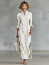 Maxi Sweatshirt Dress for Women with Button-Down Collar and White Trim