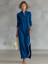 Maxi Sweatshirt Dress for Women with Button-Down Collar and White Trim