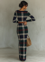 Women's Minimalist Check Knit Belted Square Neck Maxi Dress