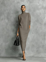 Women's Elegant Black Knitted Turtleneck Long-sleeved Loose-fitting Midi Dress With No Pockets
