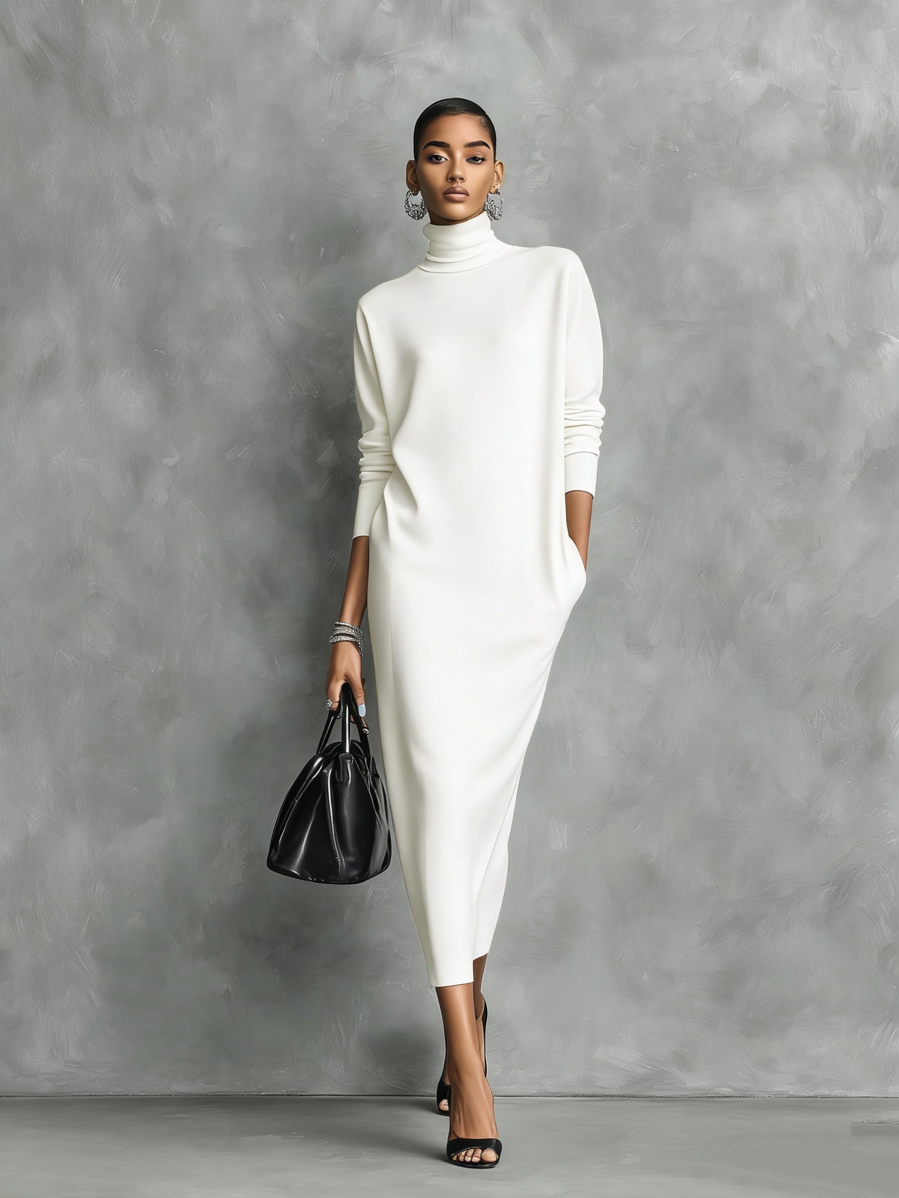 Women's Elegant Black Knitted Turtleneck Long-sleeved Loose-fitting Midi Dress With No Pockets