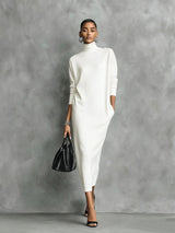 Women's Elegant Black Knitted Turtleneck Long-sleeved Loose-fitting Midi Dress With No Pockets
