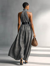Women's Plaid High Collar Sleeveless Belted Maxi Dress