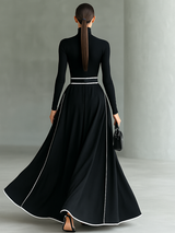 Women's Black Stitching White Trim High Collar Long Sleeve Tight Belt Maxi Dress