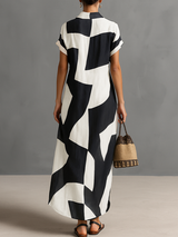 Women's Irregular Geometric Print Lapel Single-Breasted Short-Sleeved Maxi Shirt Dress