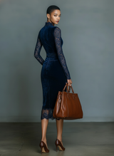 Elegant and Fashionable Dark Blue Velvet Midi Slim-fit V-neck Dress for Women with Lace Neckline and Sleeves