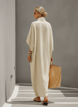 Women's Oatmeal Dress With Mandarin Collar & Dolman Sleeves, Timeless Resort-Casual Style Dress
