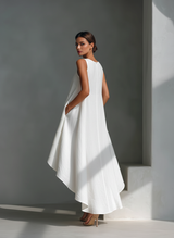 Women's White Sleeveless Midi Dress With Round Neck & Asymmetric Hem