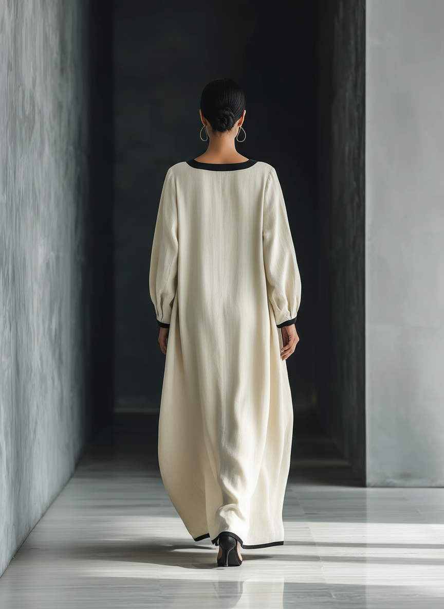 Women's Beige Blend Square-Neck Maxi Dress With Black Trim & Oversized Pockets