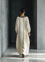 Women's Beige Blend Square-Neck Maxi Dress With Black Trim & Oversized Pockets