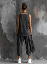 Women's Casual Style Dark Gray Sleeveless Top + Jogger Cargo Pants Set