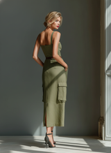 Women's Olive Green Sleeveless Midi Dress With Cargo Pockets & Belted Waist