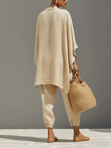 Light Khaki Minimalist Asymmetrical Hem Top And Jogger Pants Suit