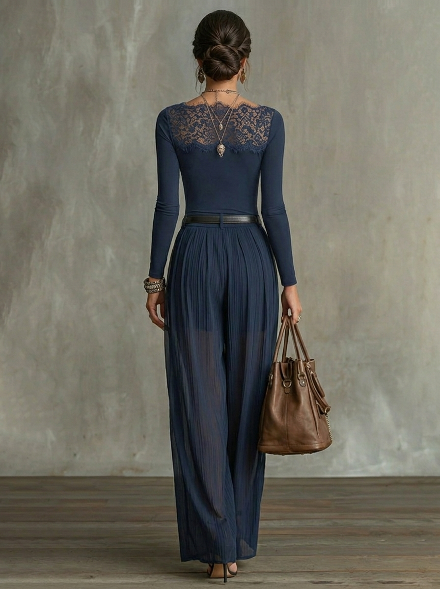 Navy Lace-Panel Long Sleeve Top And Sheer Pleated Wide-Leg Pants Set (with belt)
