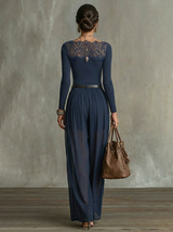 Navy Lace-Panel Long Sleeve Top And Sheer Pleated Wide-Leg Pants Set (with belt)