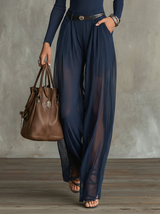 Navy Lace-Panel Long Sleeve Top And Sheer Pleated Wide-Leg Pants Set (with belt)
