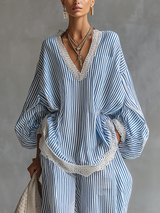 Blue Striped Lace-trimmed Loose Two-piece Set