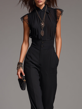 Black Chiffon Ruffled Sleeve Blouse And High-waisted Wide-leg Pants Set