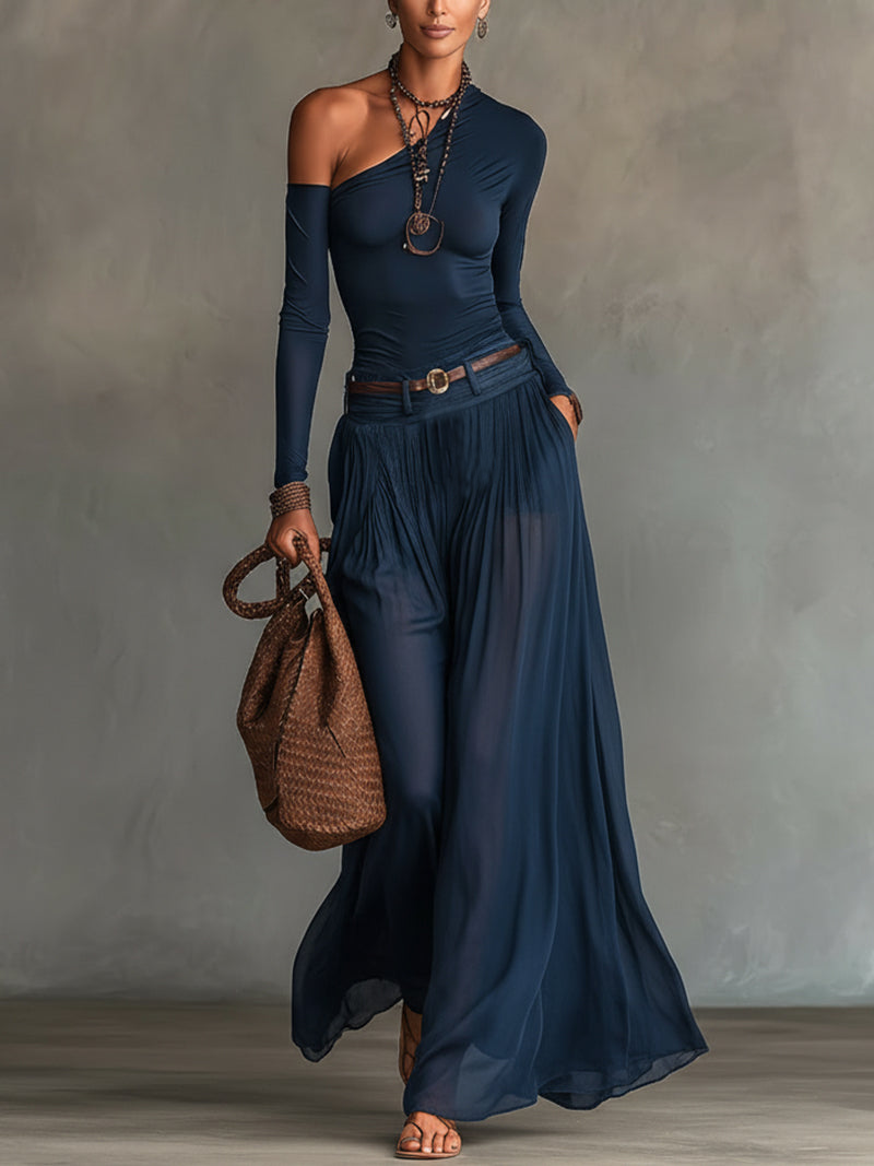 Lore | Navy Blue One Shoulder Top and Skirt Two Pieces