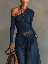 Lore | Navy Blue One Shoulder Top and Skirt Two Pieces