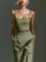 Women's Olive Green Sleeveless Midi Dress With Cargo Pockets & Belted Waist