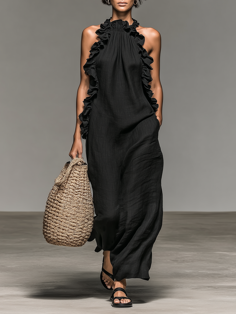 Women's Minimalist Sleeveless Maxi Dress With Ruffle Details