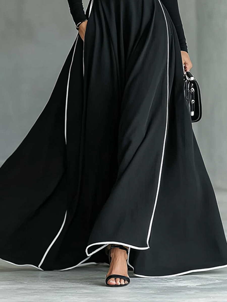 Women's Black Stitching White Trim High Collar Long Sleeve Tight Belt Maxi Dress