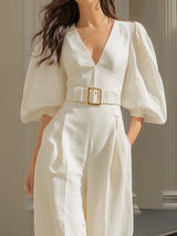 White V-neck lantern sleeve wide-leg jumpsuit (Includes belt)