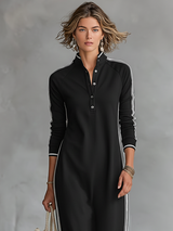Maxi Sweatshirt Dress for Women with Button-Down Collar and White Trim