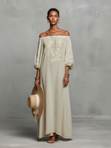 Women's Minimalist Off-the-shoulder Three-quarter Sleeve Embroidered Maxi Dress