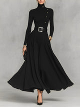 Women's Black Knit Elegant High Neck Button Detail Maxi Dress
