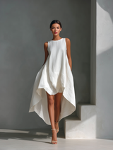 Women's White Sleeveless Midi Dress With Round Neck & Asymmetric Hem
