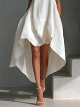 Women's White Sleeveless Midi Dress With Round Neck & Asymmetric Hem