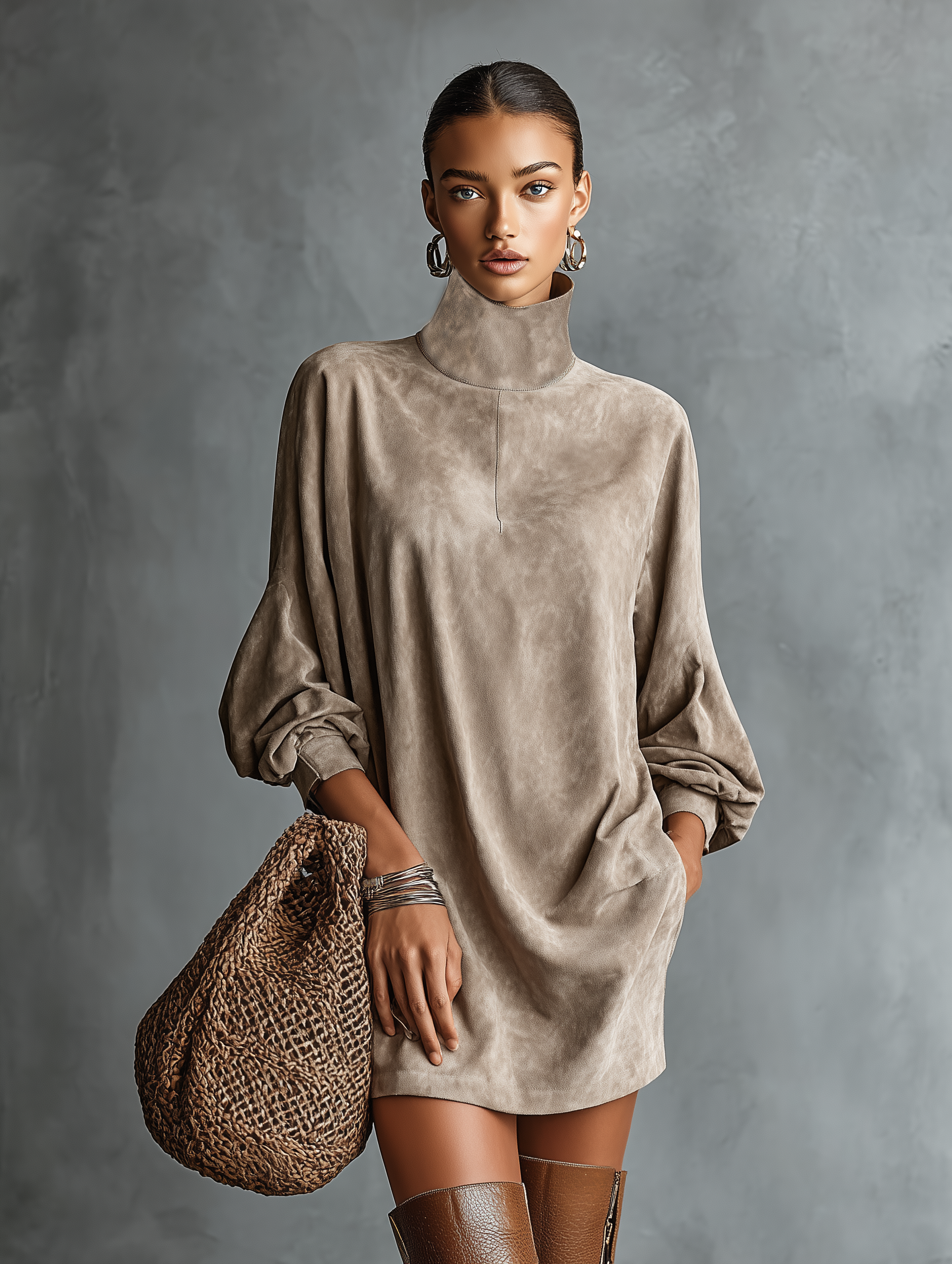 Women's Minimalist Loose-fitting Faux Suede High-neck Mini Dress